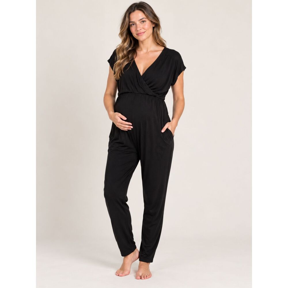 Motherhood Maternity Nursing Black Wrap Front Jumpsuit Short Sleeve Size M